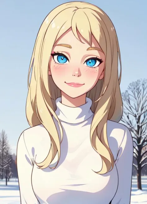 (Gwen_Stacy: 1.2), 1girl,solo, blonde hair,white turtleneck sweater, white jeans,scarf, blue eyes,blush,hands,pretty face,perfect face,perfect eyes,cute face,femenine face,hands behind back,happy expression,closed mouth,smirk,in frame,winter background,wal...