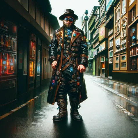 medium shot, 1guy, in a street, colorful with neons, long coat, tall boots, steampunk hat, steampunk glasses, long beard, dwarf, <lora:Neon_Cyberpunk_SD1.5_Techno_Mages:1>,  <lora:people_count_slider_v1:-5>,  <lora:weight_slider:7>