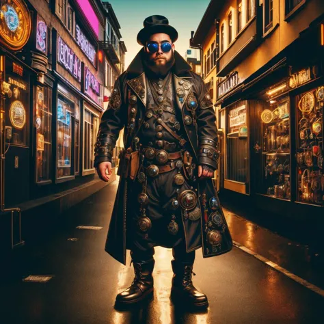 medium shot, 1guy, in a street, colorful with neons, long coat, tall boots, steampunk hat, steampunk glasses, long beard, dwarf, <lora:Neon_Cyberpunk_SD1.5_Techno_Mages:1>,  <lora:people_count_slider_v1:-4>,  <lora:weight_slider:7>