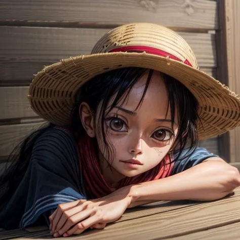 (woman:1), realistic, <lora:wanostyle_2_offset:0.8>, luffy, strawhat, <lora:gender_slider:-5>, leaning on a wooden barrier,  <lo...