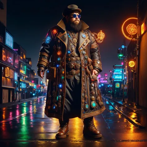 medium shot, 1guy, in a street, colorful with neons, long coat, tall boots, steampunk hat, steampunk glasses, long beard, dwarf, <lora:Neon_Cyberpunk_SD1.5_Techno_Mages:1>,  <lora:people_count_slider_v1:-4>,  <lora:weight_slider:7>