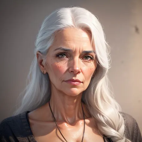 a woman with white hair and a necklace on her neck