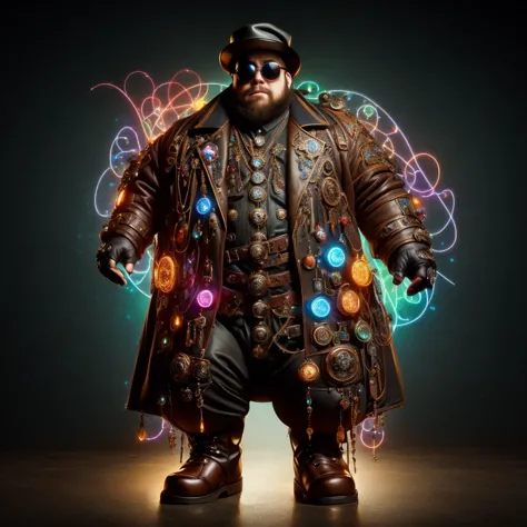 medium shot, 1guy, in a street, colorful with neons, long coat, tall boots, steampunk hat, steampunk glasses, long beard, dwarf, <lora:Neon_Cyberpunk_SD1.5_Techno_Mages:1>,  <lora:people_count_slider_v1:-4>,  <lora:weight_slider:7>