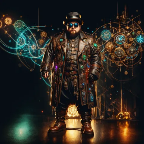 medium shot, 1guy, in a street, colorful with neons, long coat, tall boots, steampunk hat, steampunk glasses, long beard, dwarf, <lora:Neon_Cyberpunk_SD1.5_Techno_Mages:1>,  <lora:people_count_slider_v1:-4>,  <lora:weight_slider:7>