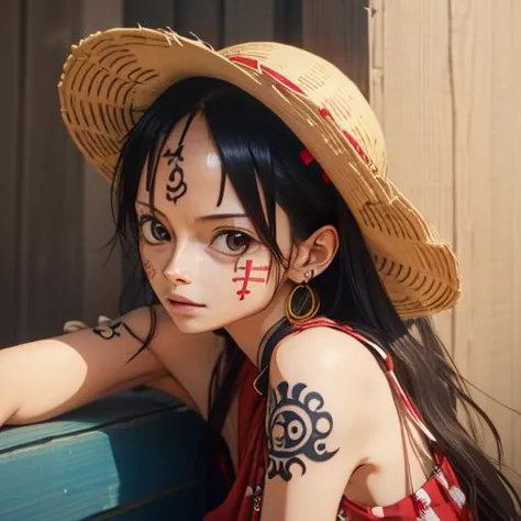 (woman:1), realistic, <lora:wanostyle_2_offset:0.8>, luffy, strawhat, <lora:gender_slider:-5>, leaning on a wooden barrier,  <lora:weight_slider:-4>, cute face, face tattoo