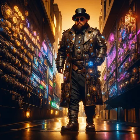 medium shot, 1guy, in a street, colorful with neons, long coat, tall boots, steampunk hat, steampunk glasses, long beard, dwarf, <lora:Neon_Cyberpunk_SD1.5_Techno_Mages:1>,  <lora:people_count_slider_v1:-4>,  <lora:weight_slider:7>