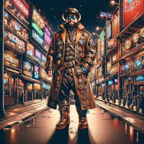 medium shot, 1guy, in a street, colorful with neons, long coat, tall boots, steampunk hat, steampunk glasses, long beard, dwarf, <lora:Neon_Cyberpunk_SD1.5_Techno_Mages:1>,  <lora:people_count_slider_v1:-5>,  <lora:weight_slider:7>