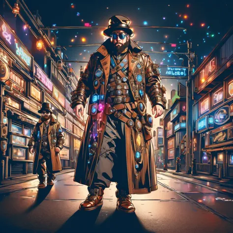 medium shot, 1guy, in a street, colorful with neons, long coat, tall boots, steampunk hat, steampunk glasses, long beard, dwarf, <lora:Neon_Cyberpunk_SD1.5_Techno_Mages:1>,  <lora:people_count_slider_v1:-5>,  <lora:weight_slider:7>