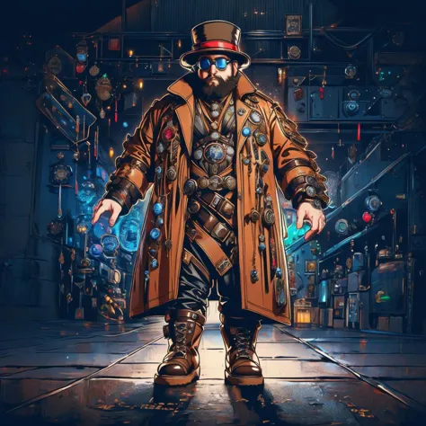 medium shot, 1guy, in a street, colorful with neons, long coat, tall boots, steampunk hat, steampunk glasses, long beard, dwarf, <lora:Neon_Cyberpunk_SD1.5_Techno_Mages:1>,  <lora:people_count_slider_v1:-5>,  <lora:weight_slider:7>