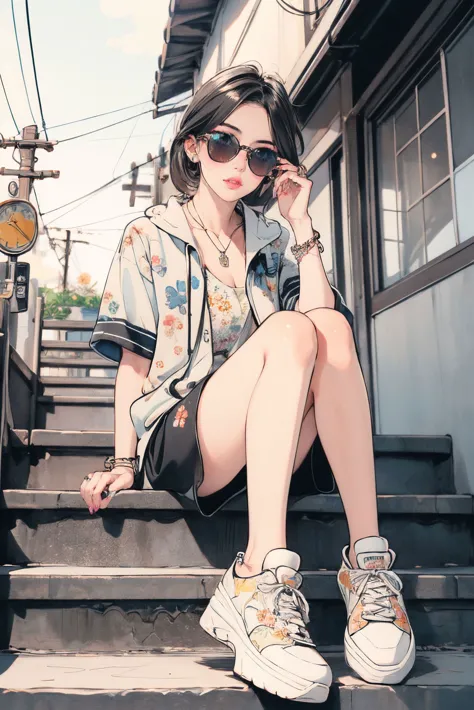 1girl,solo,jewelry,bracelet,(sitting:1.1),sunglasses,shoes,nail polish,black hair,sneakers,necklace,ring,freckles,shorts,full body,tinted eyewear,looking at viewer,nose,makeup,fingernails,lips,floral print,