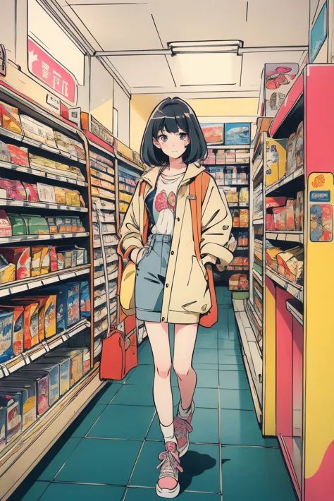 In the style of 90's vintage,anime art of a model inside a convenience store,Detailed art,Fine line art 90s vintage anime,