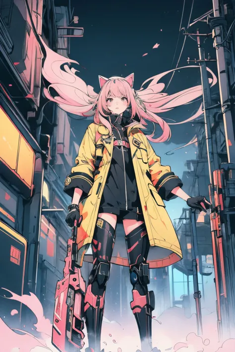 from below,amazing artwork of a girl with a tight black mecha outfit and cat ears,she is wearing a (fluorescent yellow trenchcoa...