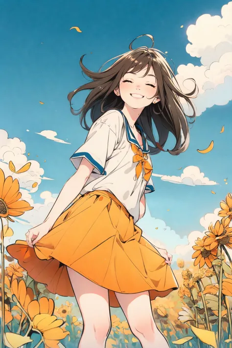 1 girl,brown hair,wearing an orange skirt,face to the blue sky,eyes closed,smiling,surrounded by yellow wheat fields,yellow gink...