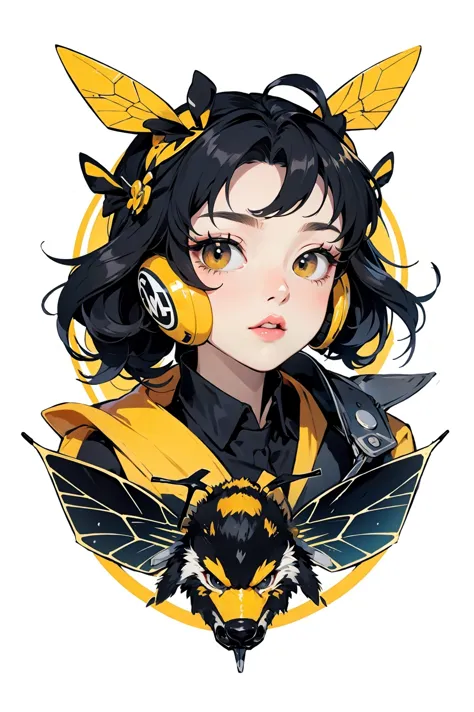 a drawing of a woman with headphones and a bee