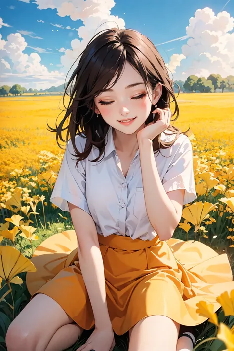 anime girl sitting in a field of yellow flowers