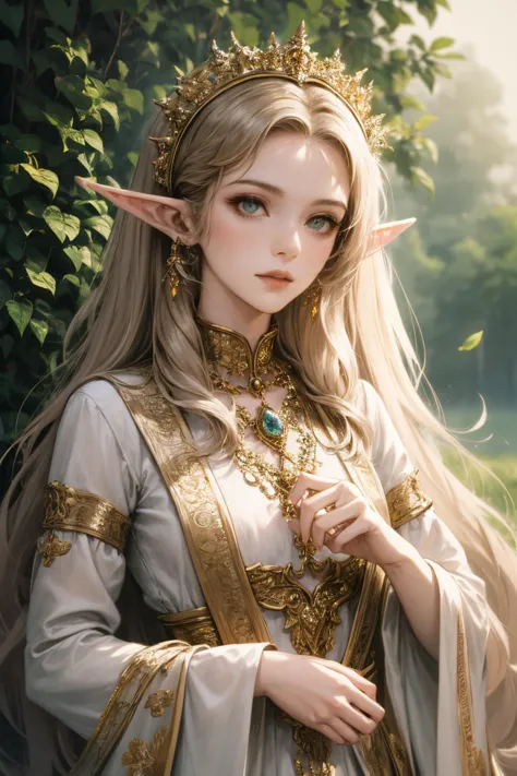 elf portrait,enchanting beauty,fantasy,ethereal glow,pointed ears,delicate facial features,long elegant hair,nature-themed attir...