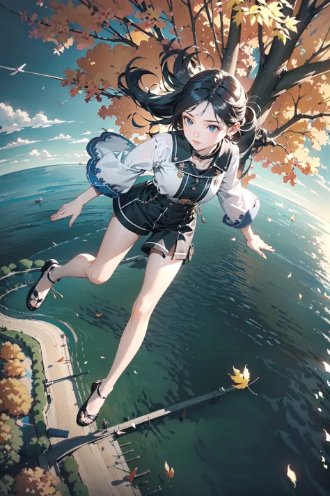 highestres,falling_above,(1girl:1.3),solo,(falling:1.3),(midair:1.2),(floating:1.2),(from above:1.7),tree,forest,lake,autumn,flo...