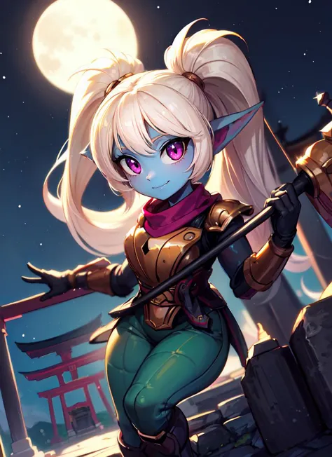 ((best quality)), ((highly detailed)), masterpiece, absurdres, (detailed eyes, deep eyes), (1girl), leaning against a wall, (poppy:1.1), blonde hair, twintails, magenta eyes, short, curvy, wide hips, ((colored skin, light blue skin)), small breasts, smiling, armor, green pants::.3, scarf, (holding hammer), (outside, at a shrine, torii, stone lanterns, midnight, night sky, stars, full moon)