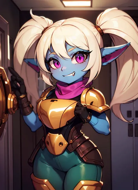 ((best quality)), ((highly detailed)), absurdres, extremely detailed face, beautiful face, (detailed eyes, deep eyes), (1girl), dynamic pose, cowboy shot, <lora:kupa_poppy:1>, (poppy:1.1), yordle, blonde hair, twintails, magenta eyes, short, curvy, wide hips, ((colored skin, light blue skin)), medium breasts, grin, armor, green pants:.3, scarf, (holding hammer), (inside, in an entryway)