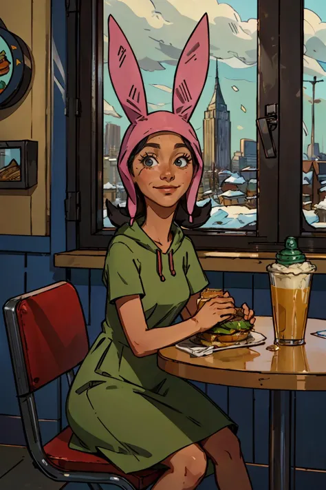 cartoon of a woman sitting at a table with a sandwich and drink