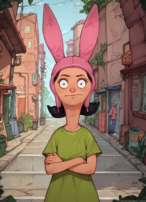 a cartoon girl in a bunny hat stands in a narrow alley