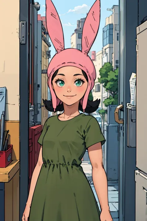 louise, 1girl, solo, rabbit ears, animal ears, black hair, smile,green dress, hat,looking at viewer, arms behind back <lora:loui...