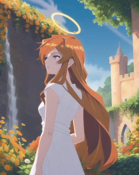 flamme, solo, 1girl, magic, detailed background, flowers, garden, waterfall,  dress, halo, sunlight , castle in background, backlighting, cinematic angle 
 <lora:noline:0.4><lora:frieren_EP01-04_lohad8_attn-mlp-step00040000:1>