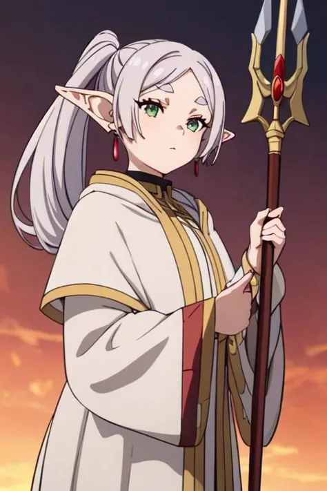 masterpiece,high quality,1girl,solo,elf,white hair,grey hair,earrings,pointy ears,long hair,ponytail,green eyes,twintails,parted bangs,thick eyebrows, using a wizard staff