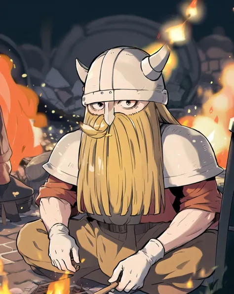 a close up of a cartoon of a man with a beard and a helmet