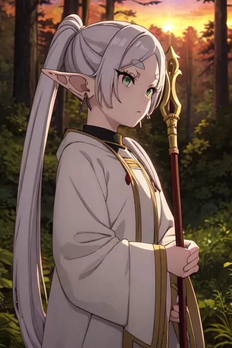 a woman with long white hair and a sword in a forest