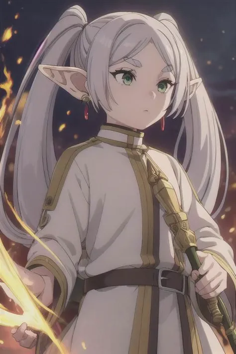 a woman with long white hair holding a sword in front of a fire