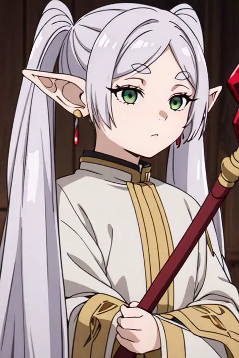 masterpiece,high quality,1girl,solo,elf,white hair,grey hair,earrings,pointy ears,long hair,ponytail,green eyes,twintails,parted bangs,thick eyebrows, using a wizard staff