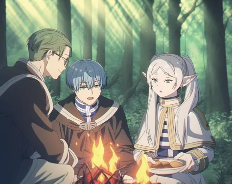 Frieren, Heiter , Himmel, , eisen, glasses,    1girl, 2boys, forest, fire, eating, outdoors, water, elf, open mouth,  bread, looking at another,  sitting , green hair 
 <lora:frieren_EP01-04_lohad8_attn-mlp-step00040000:1>