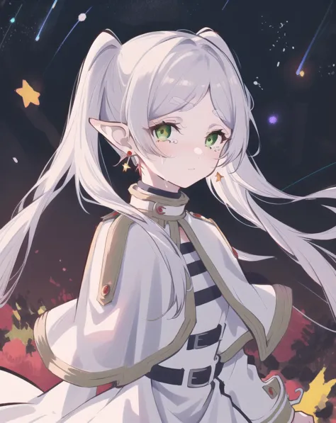 anime girl with long white hair and green eyes standing in front of stars