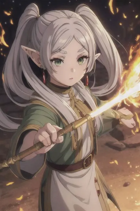 a woman with long white hair holding a sword in front of a fire