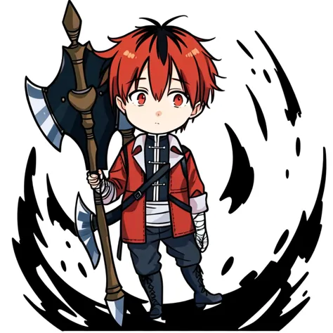 a cartoon image of a boy with an axe and a red jacket