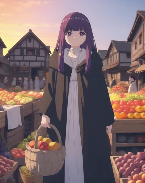 Fern, solo, [screenshots::0.3],  1girl, village, houses, market, fruits, black cloak, sunset, holding basket, beautiful eyes, detailed background, looking at viewer, cinematic angle , crowd, full body, 
<lora:frieren_EP01-04_lohad8_attn-mlp-step00040000:1>