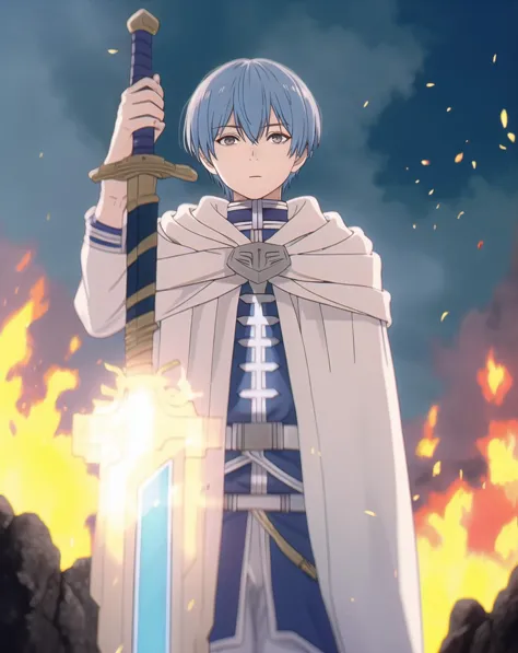 a close up of a person holding a sword in front of a fire