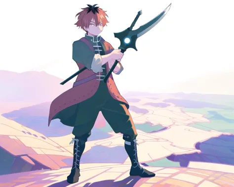 anime - style image of a man with a sword standing on a mountain