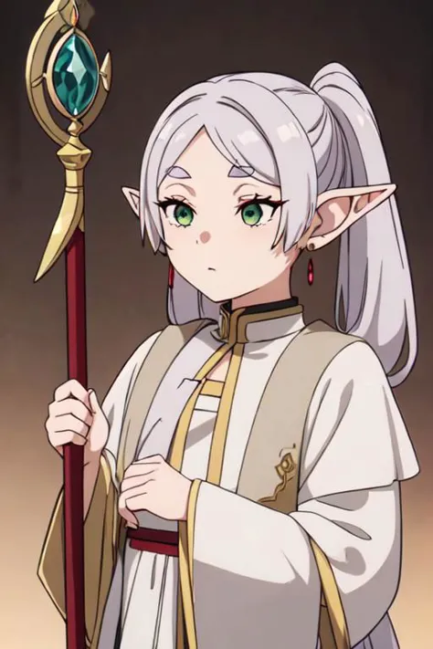 masterpiece,high quality,1girl,solo,elf,white hair,grey hair,earrings,pointy ears,long hair,ponytail,green eyes,twintails,parted...