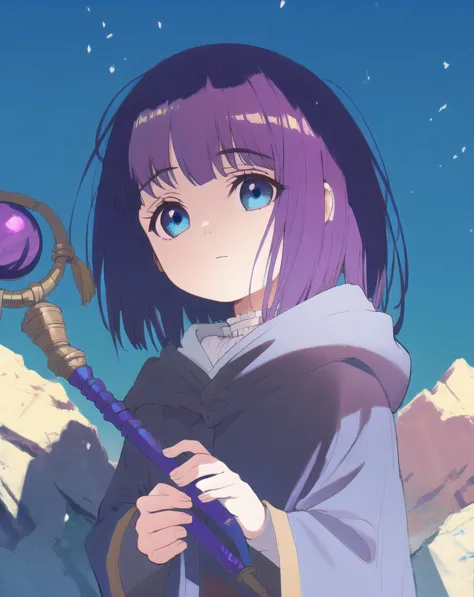 a woman with purple hair holding a purple wand and a purple ball