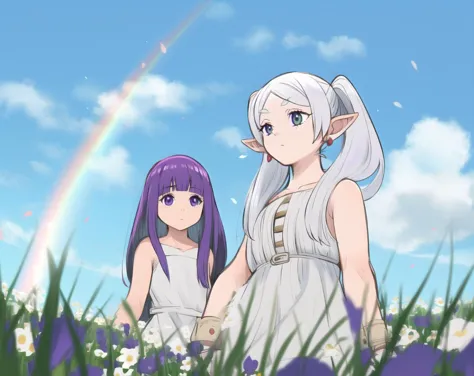 two anime girls in a field of flowers with a rainbow in the background