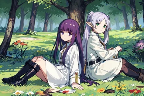 (masterpiece, best quality:1.1), (2girls:1.2), Frieren, long white hair, white coat, pointy ears, green eyes, 
BREAK Fern, long purple hair, (purple eyes:0.9), white dress, black cape, boots, grassland,
 <lyco:friefen_EP01-04_LoHa32-step00030000:0.8>