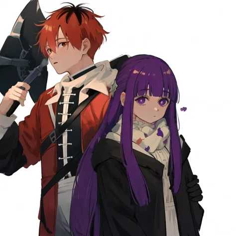 anime characters with purple hair and black clothes holding a large axe