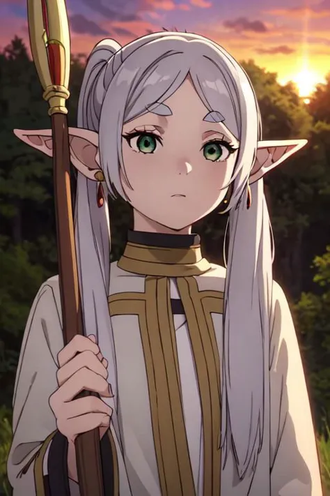 masterpiece,high quality,1girl,solo,elf,white hair,grey hair,earrings,pointy ears,long hair,ponytail,green eyes,twintails,parted bangs,thick eyebrows, using a wizard staff, in the forest, watching the sunset