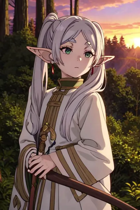 masterpiece,high quality,1girl,solo,elf,white hair,grey hair,earrings,pointy ears,long hair,ponytail,green eyes,twintails,parted bangs,thick eyebrows, using a wizard staff, in the forest, watching the sunset