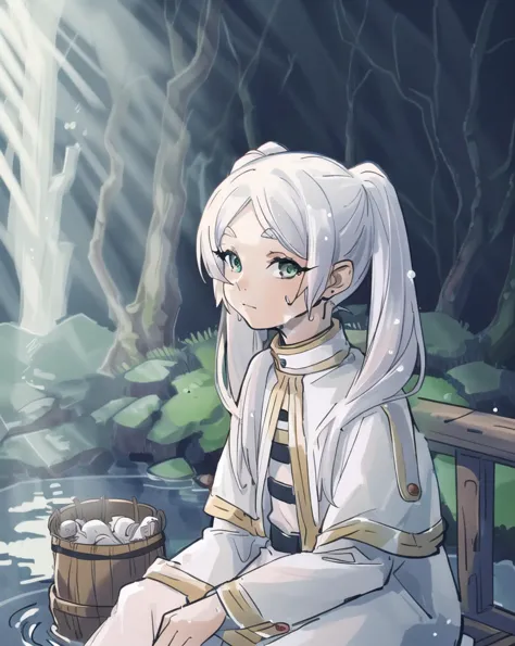 anime girl sitting on a bench in a forest with a basket of eggs