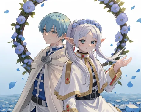 hand, Frieren, Himmel, fanart, 1boy, 1girl, beautiful eyes, blue flower, closed mouth, earrings, elf, floating hair, long sleeves, smile, white capelet, white dress, wreath on head, <lora:frieren_EP01to10-loha-bundle-30000:0.85:1>, <lora:Pastel-Mix:0.4>, <lora:ninekeymix12_v50:0.4>, <lora:GoodHands-vanilla:1>