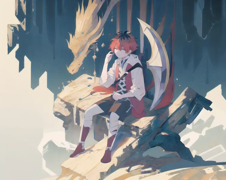 anime - style illustration of a boy sitting on a bench in a forest