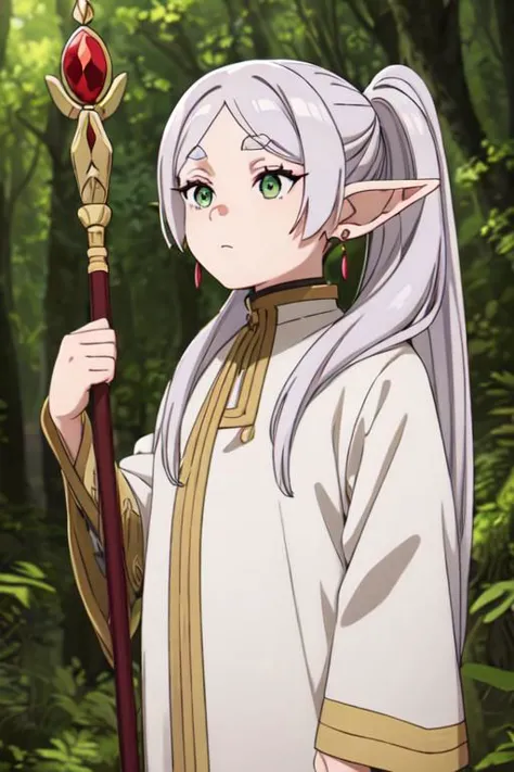 masterpiece,high quality,1girl,solo,elf,white hair,grey hair,earrings,pointy ears,long hair,ponytail,green eyes,twintails,parted bangs,thick eyebrows, using a wizard staff, in the forest